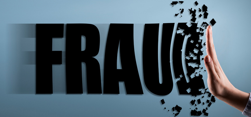 The word FRAUD is spelled out in bold black lettering with a hand pushing into a shattered letter D.